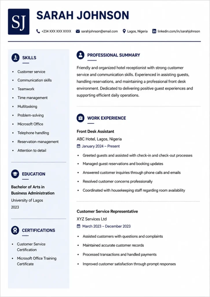 Hotel Receptionist Resume Example